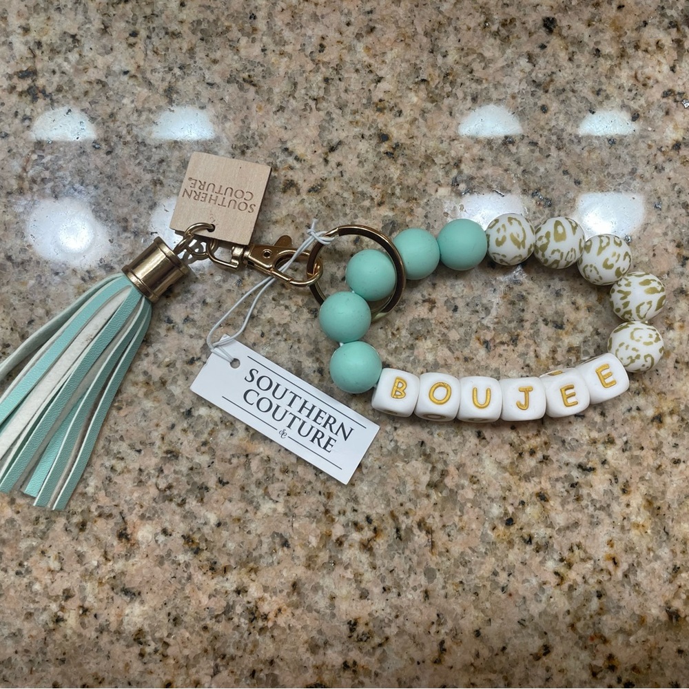 Mint and White Beaded Keychain
